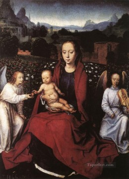 ハンス・メムリンク Painting - バラ園の聖母子と二人の天使 1480年代 オランダ ハンス・メムリンク